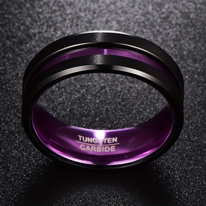 Men's 8mm Tungsten Carbide Ring Black Brushed Finish Purple Line Comfort Fit Size 8-15