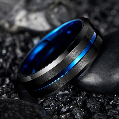 8mm Tungsten Ring For Men Black Blue Wedding Bands With Center Beveled Edges Men's Ring