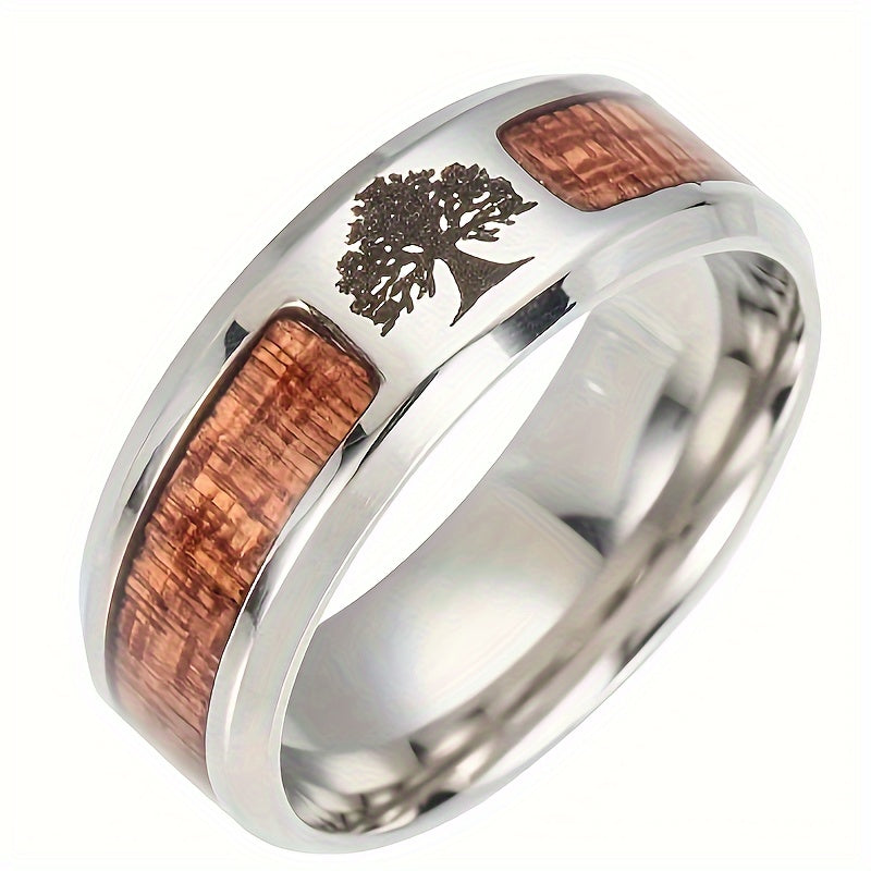 Men's Fashion Stainless Steel Minimalist Ring With Tree Engraving, 8mm Width