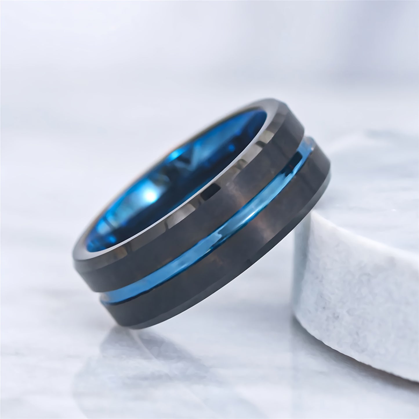 8mm Tungsten Ring For Men Black Blue Wedding Bands With Center Beveled Edges Men's Ring