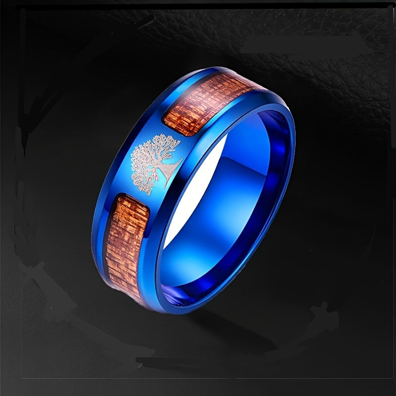 Men's Fashion Stainless Steel Minimalist Ring With Tree Engraving, 8mm Width