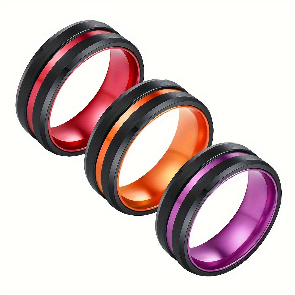 Jewelry Wholesale 1pc 8mm Black Flat Single Groove Tungsten Ring Purple Red Orange