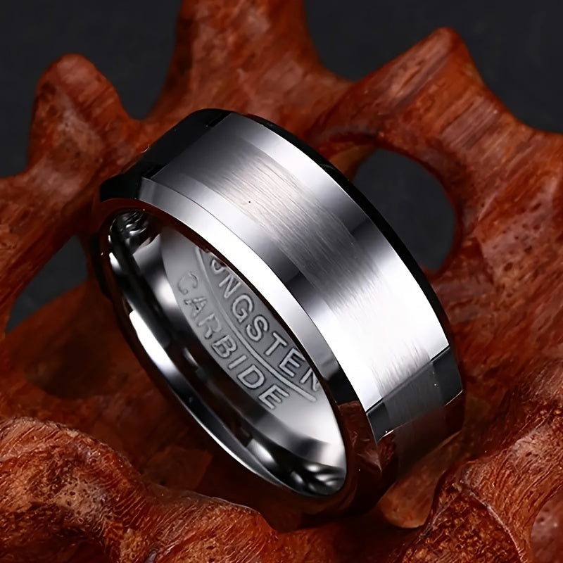 1pc Simple and stylish 8mm Silvery sandblasted beveled edge high-end textured Men's and Women's tungsten steel ring