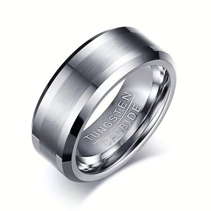 1pc Simple and stylish 8mm Silvery sandblasted beveled edge high-end textured Men's and Women's tungsten steel ring