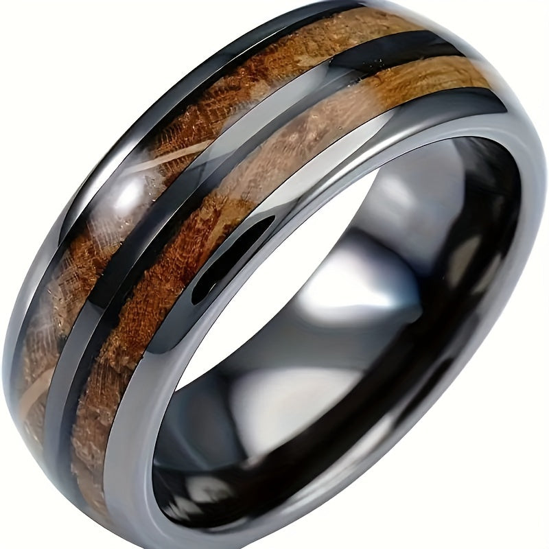 1pc Men's Barrel Gun Gray Stainless Steel Ring With Wood Grain Inlaid