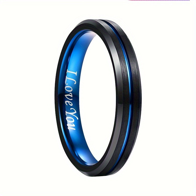 Men's Tungsten Carbide Ring - Blue+Black Tungsten Steel Ring Beveled Edge Wedding Band