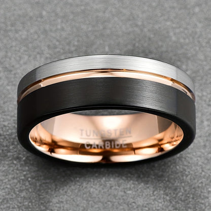 8mm Black Tungsten Ring for Men Rose Golden Thin Groove Line Dome Brushed Comfort Fit