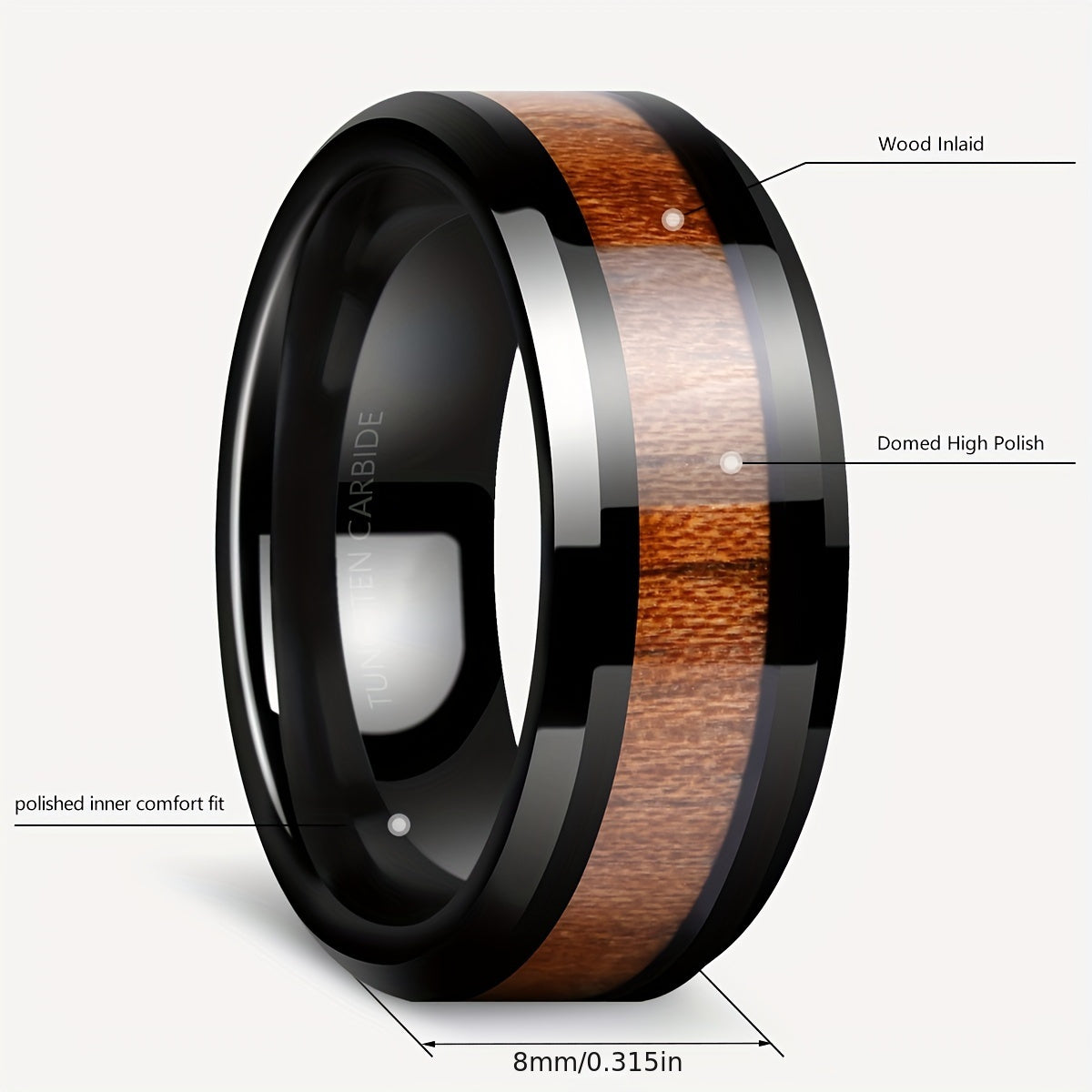 1pc 6/8mm Tungsten Steel Ring for Men, Black Wood Grain Wedding Band Ring