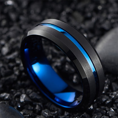 8mm Tungsten Ring For Men Black Blue Wedding Bands With Center Beveled Edges Men's Ring