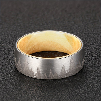 1pc Men's 8mm Forest Mountain Ring, Men's Tungsten Steel Wood Liner Ring