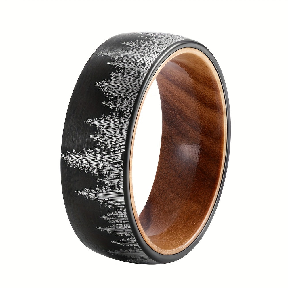 8 mm Black Plated Forest Rings for Men with Wood Liner Comfort Fit, Trendy and Exquisite Accessory for Daily Wear