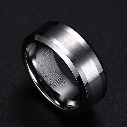 1pc Simple and stylish 8mm Silvery sandblasted beveled edge high-end textured Men's and Women's tungsten steel ring