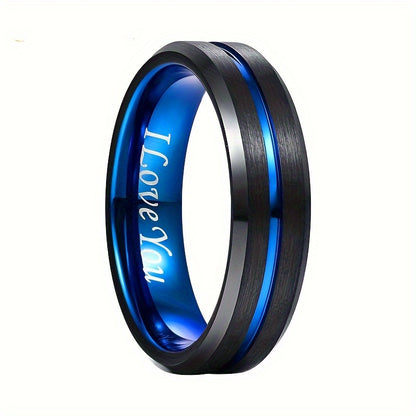 Men's Tungsten Carbide Ring - Blue+Black Tungsten Steel Ring Beveled Edge Wedding Band