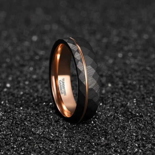 1pc 6mm (0.24'')/8mm (0.31'') Fashion Inlaid Rose Golden Wire Black Rhombic Men's Tungsten Steel Ring