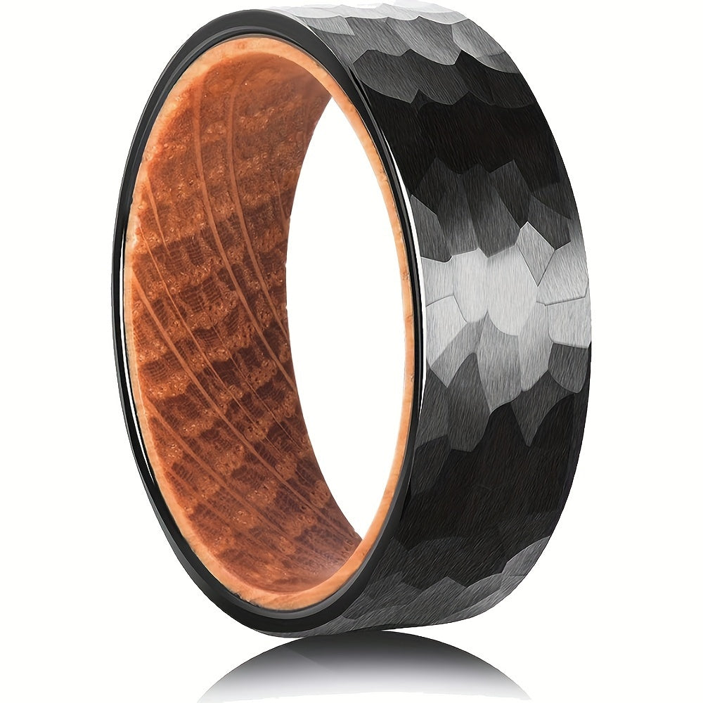 1pc 8mm Black Silvery Tungsten Hammered Ring Whiskey Barrel Rings for Man Engagement Wedding Ring