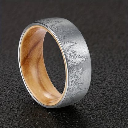 1pc Men's 8mm Forest Mountain Ring, Men's Tungsten Steel Wood Liner Ring