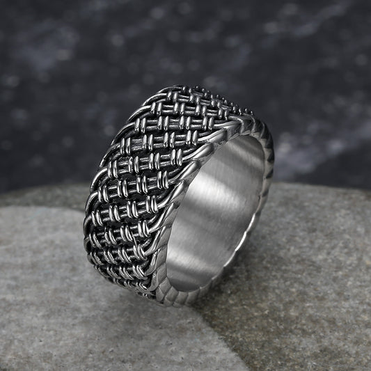 1pc of Retro Domineering Line Pattern Wide Stainless Steel Ring