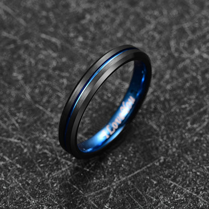 Men's Tungsten Carbide Ring - Blue+Black Tungsten Steel Ring Beveled Edge Wedding Band