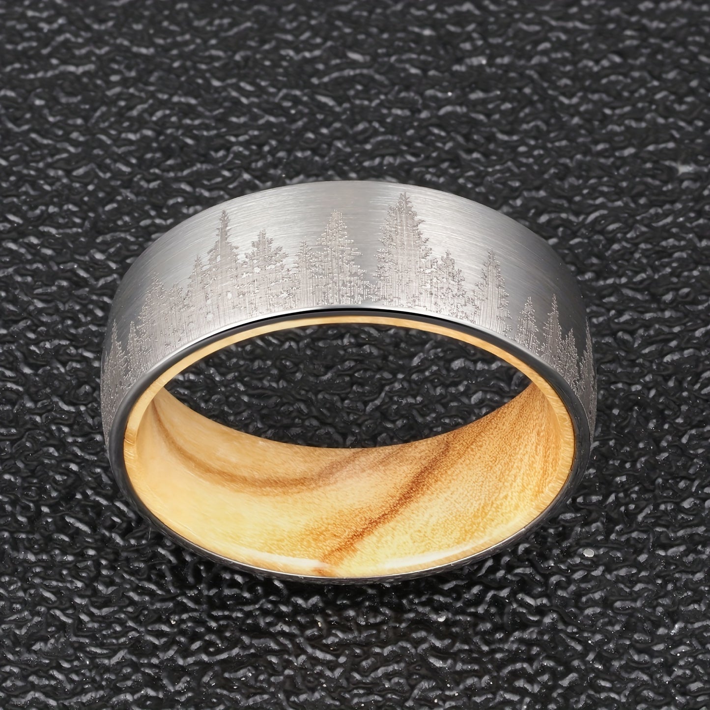 1pc Men's 8mm Forest Mountain Ring, Men's Tungsten Steel Wood Liner Ring