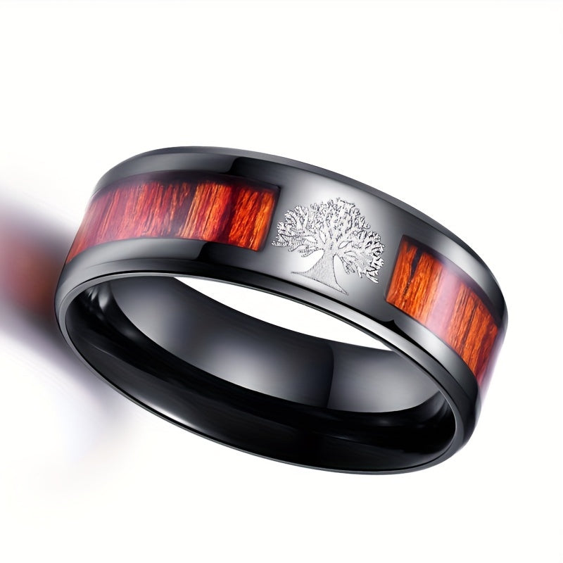 Men's Fashion Stainless Steel Minimalist Ring With Tree Engraving, 8mm Width