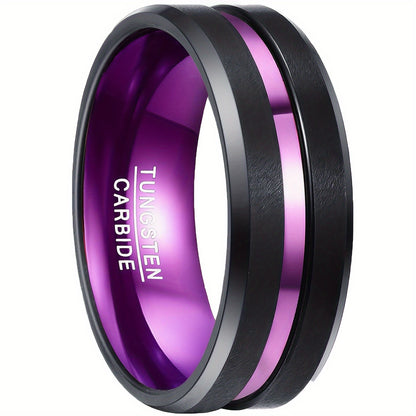 Men's 8mm Tungsten Carbide Ring Black Brushed Finish Purple Line Comfort Fit Size 8-15