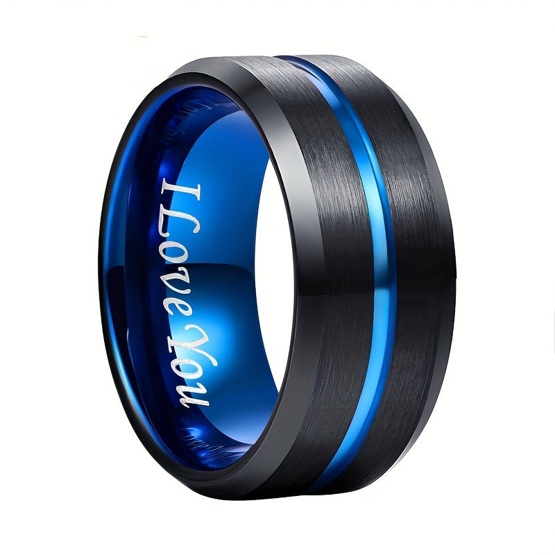 Men's Tungsten Carbide Ring - Blue+Black Tungsten Steel Ring Beveled Edge Wedding Band