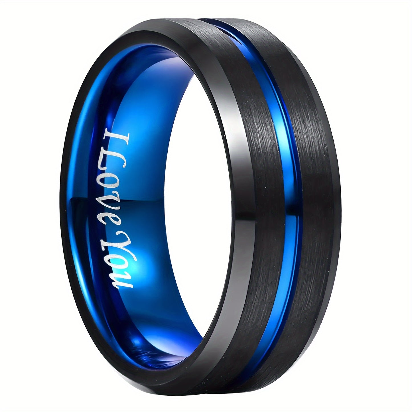 Men's Tungsten Carbide Ring - Blue+Black Tungsten Steel Ring Beveled Edge Wedding Band