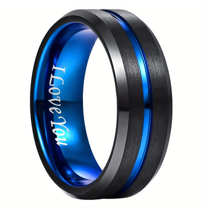 Men's Tungsten Carbide Ring - Blue+Black Tungsten Steel Ring Beveled Edge Wedding Band