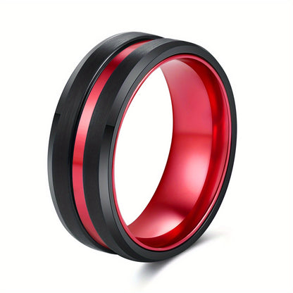 1pc Sleek Tungsten Wedding Band for Men & Women - 8mm Black Plated with Red Aluminum Liner