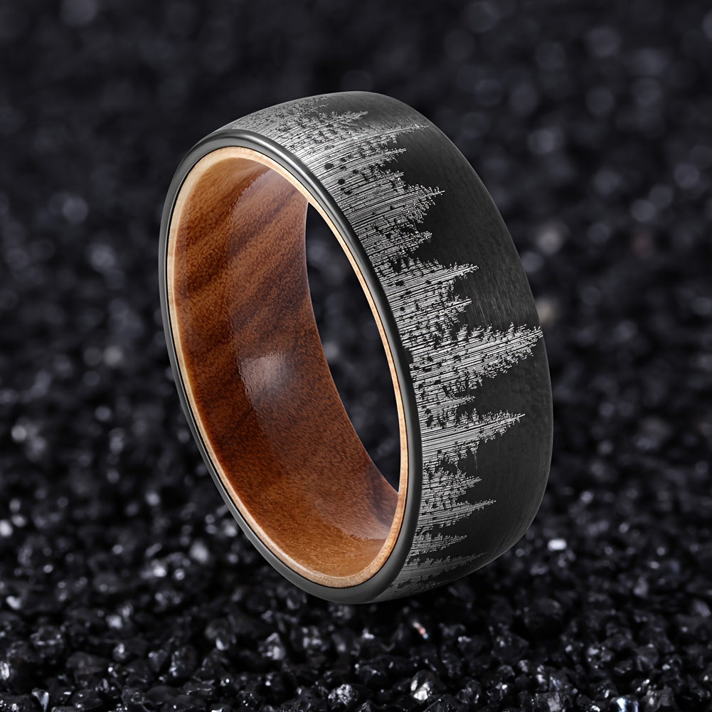 8 mm Black Plated Forest Rings for Men with Wood Liner Comfort Fit, Trendy and Exquisite Accessory for Daily Wear