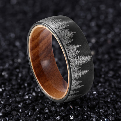 8 mm Black Plated Forest Rings for Men with Wood Liner Comfort Fit, Trendy and Exquisite Accessory for Daily Wear