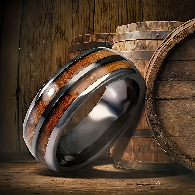 1pc Men's Barrel Gun Gray Stainless Steel Ring With Wood Grain Inlaid