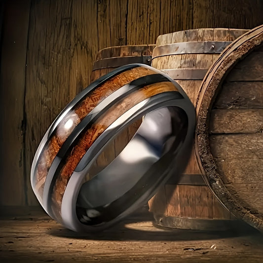 1pc Men's Barrel Gun Gray Stainless Steel Ring With Wood Grain Inlaid