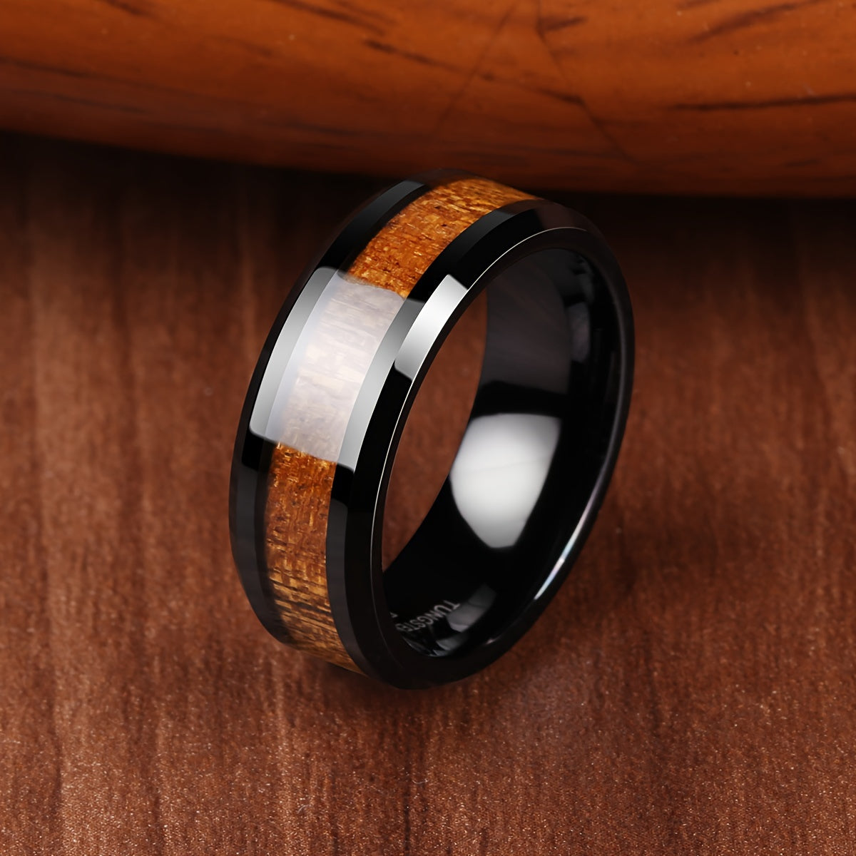 1pc 6/8mm Tungsten Steel Ring for Men, Black Wood Grain Wedding Band Ring