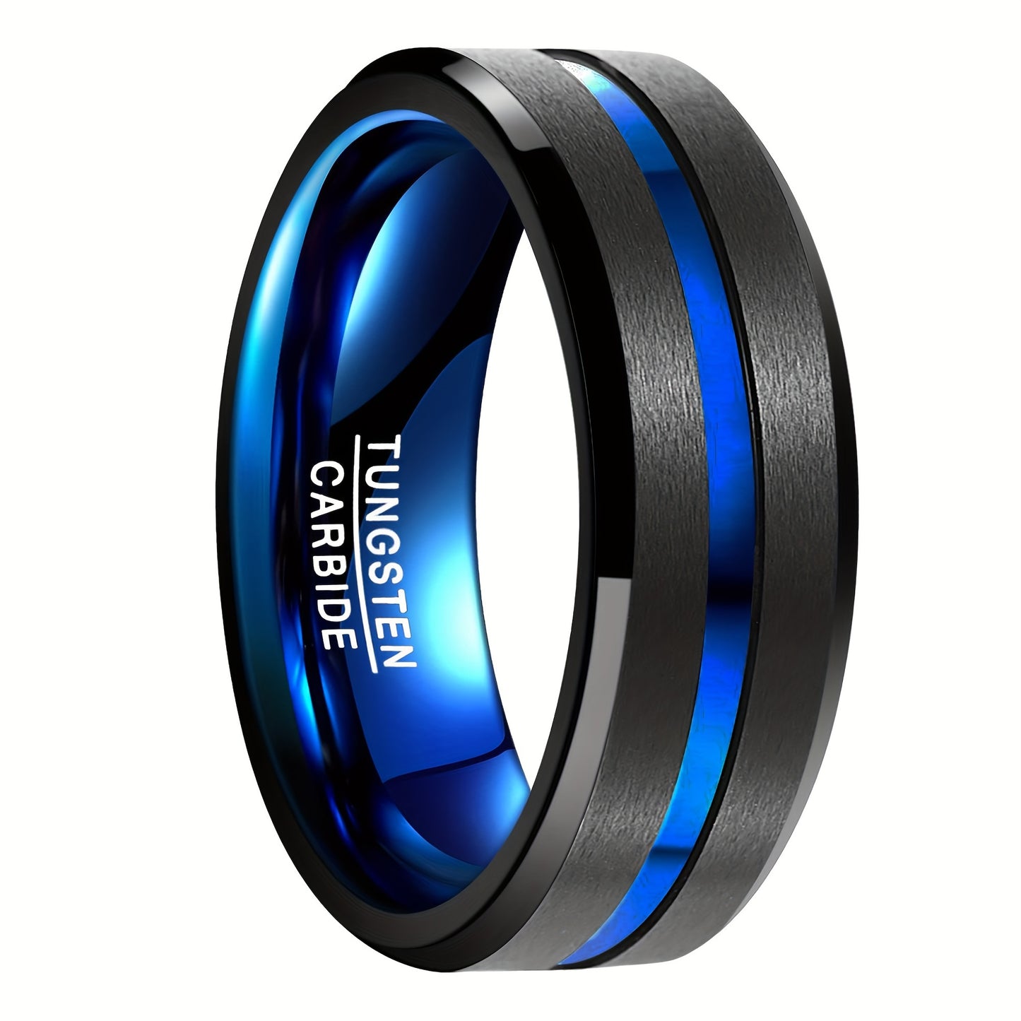 8mm Tungsten Ring For Men Black Blue Wedding Bands With Center Beveled Edges Men's Ring