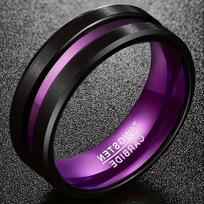 Men's 8mm Tungsten Carbide Ring Black Brushed Finish Purple Line Comfort Fit Size 8-15