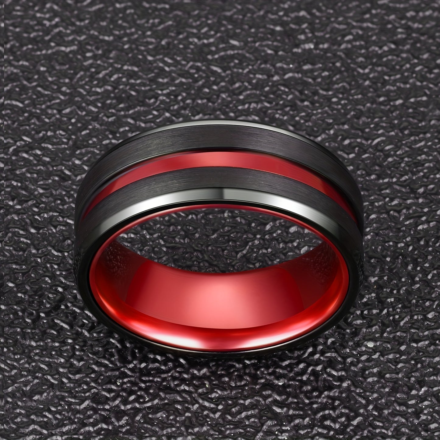 1pc Sleek Tungsten Wedding Band for Men & Women - 8mm Black Plated with Red Aluminum Liner