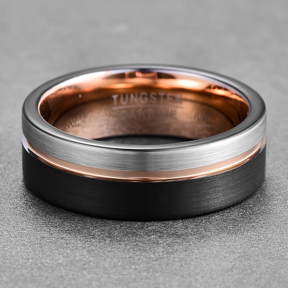 8mm Black Tungsten Ring for Men Rose Golden Thin Groove Line Dome Brushed Comfort Fit