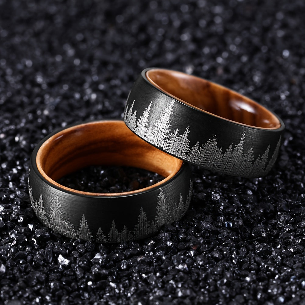 8 mm Black Plated Forest Rings for Men with Wood Liner Comfort Fit, Trendy and Exquisite Accessory for Daily Wear