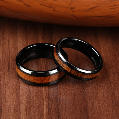 1pc 6/8mm Tungsten Steel Ring for Men, Black Wood Grain Wedding Band Ring