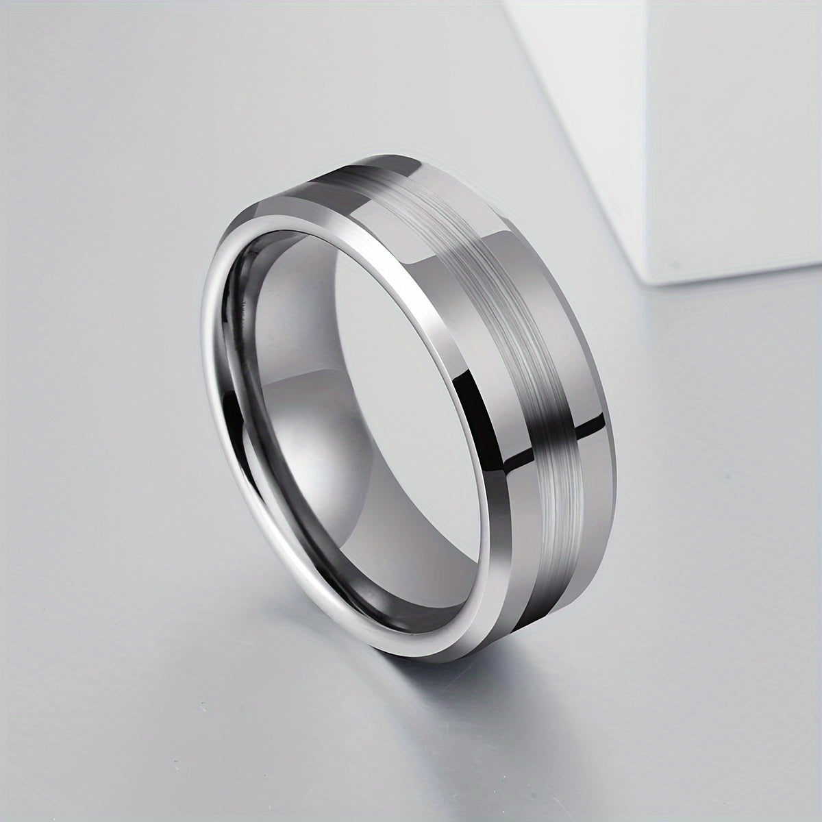 1pc Fashion Tungsten Steel Ring, 6mm/8mm Grooved Center, Matte Finish, Comfort Fit