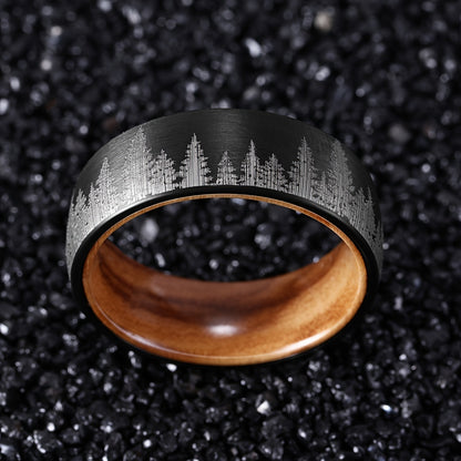 8 mm Black Plated Forest Rings for Men with Wood Liner Comfort Fit, Trendy and Exquisite Accessory for Daily Wear