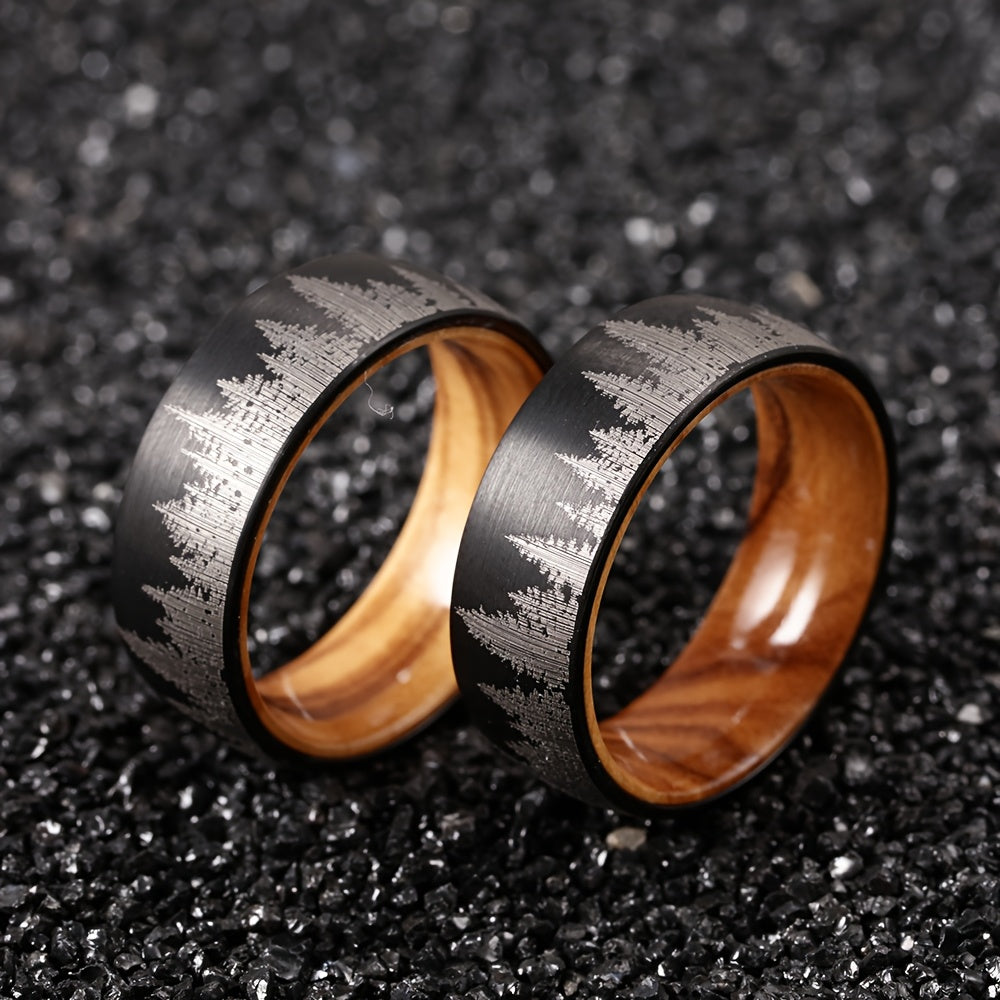 8 mm Black Plated Forest Rings for Men with Wood Liner Comfort Fit, Trendy and Exquisite Accessory for Daily Wear