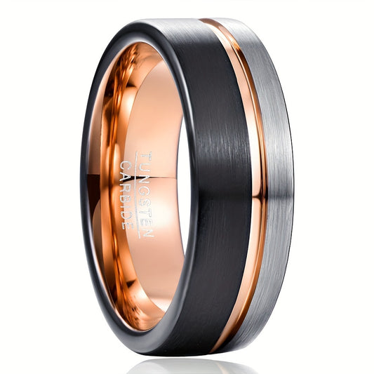 8mm Black Tungsten Ring for Men Rose Golden Thin Groove Line Dome Brushed Comfort Fit