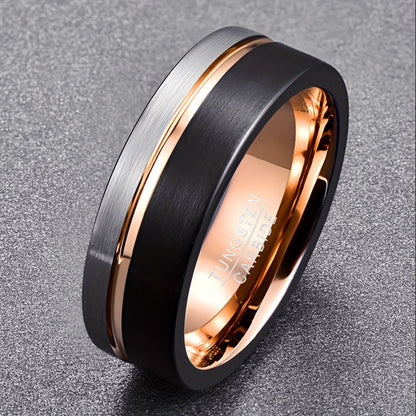 8mm Black Tungsten Ring for Men Rose Golden Thin Groove Line Dome Brushed Comfort Fit