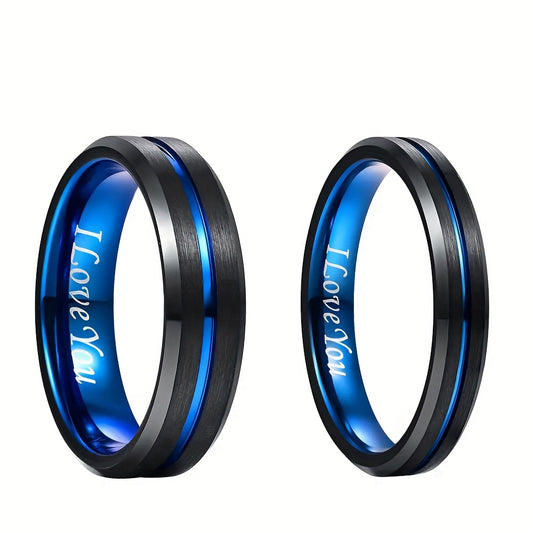 Men's Tungsten Carbide Ring - Blue+Black Tungsten Steel Ring Beveled Edge Wedding Band