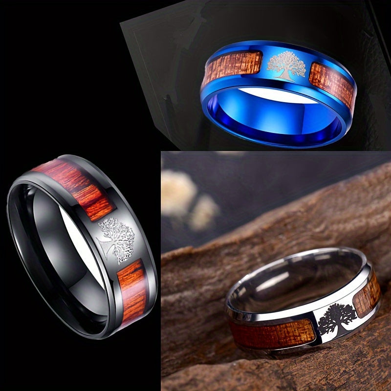 Men's Fashion Stainless Steel Minimalist Ring With Tree Engraving, 8mm Width