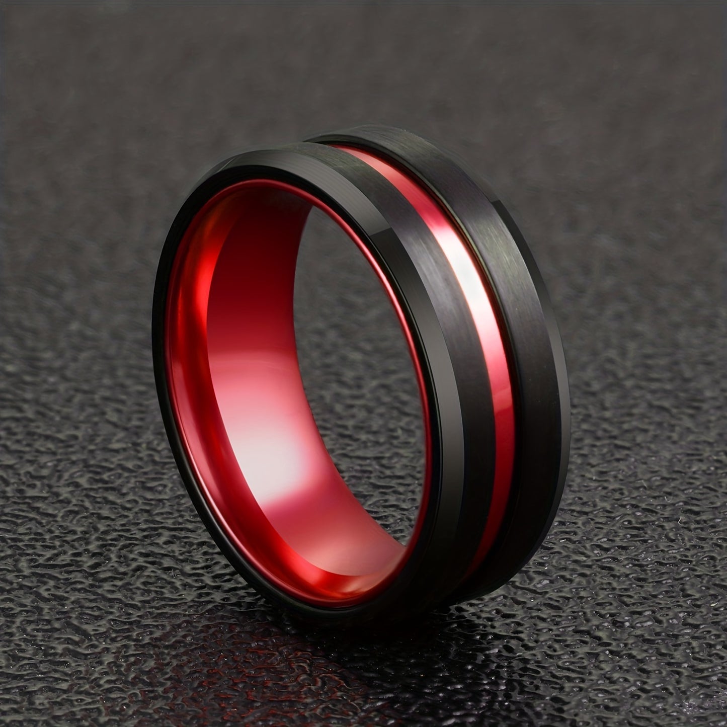 1pc Sleek Tungsten Wedding Band for Men & Women - 8mm Black Plated with Red Aluminum Liner