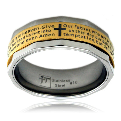 Stainless Steel Our Father Lord Prayer Two Tone Mens Spinner Ring 8MM, Spinner Stress Relieve, Jesus Bible