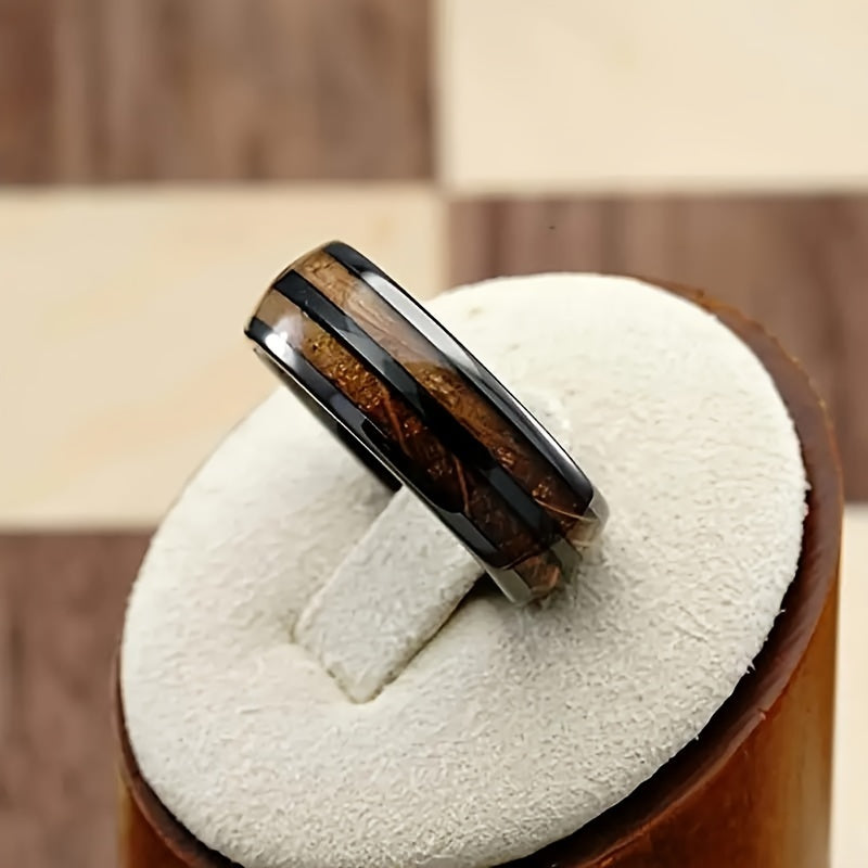 1pc Men's Barrel Gun Gray Stainless Steel Ring With Wood Grain Inlaid